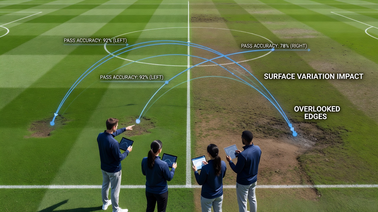 Close-up of football pitch surface with players executing passes during live action