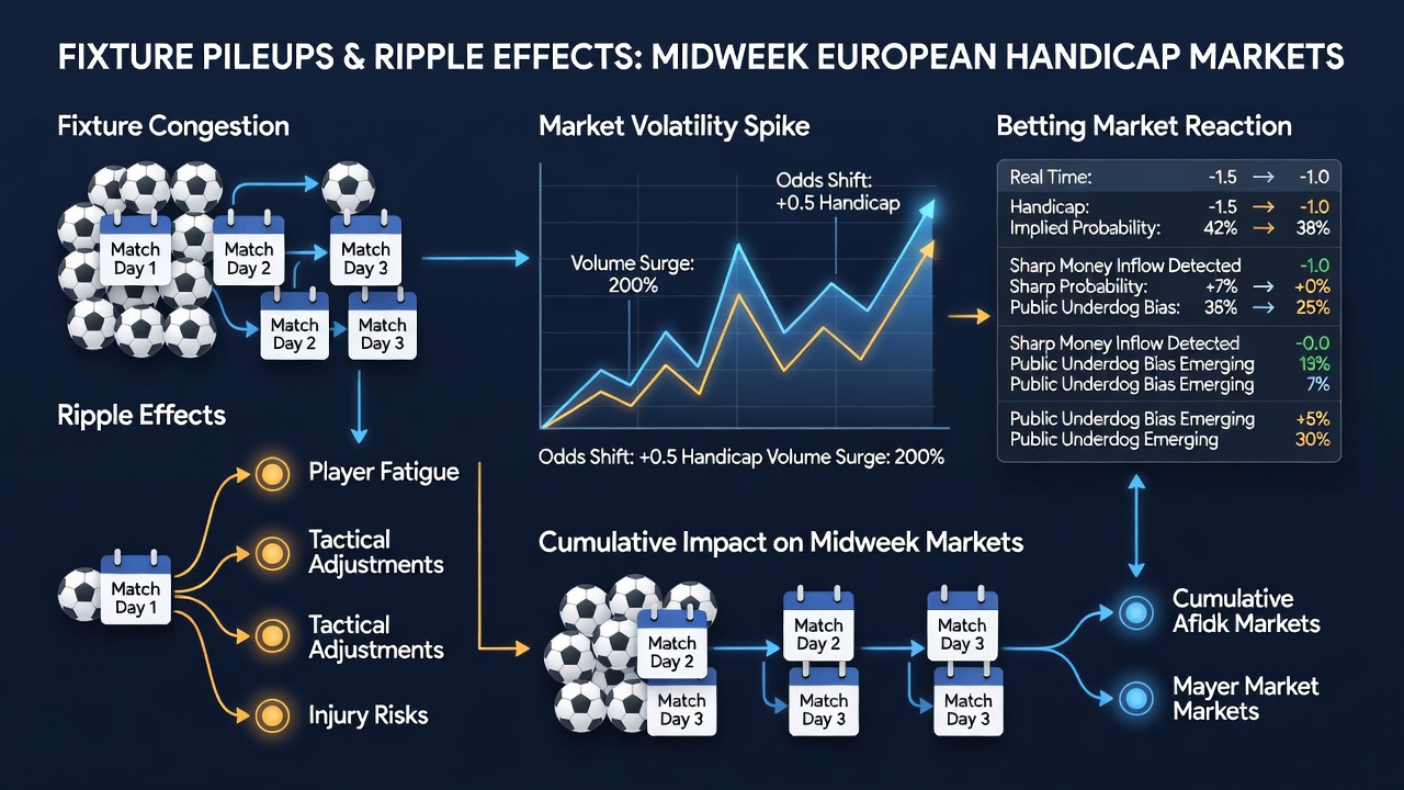 Betting exchange screen displaying live handicap market movements during a congested European midweek schedule