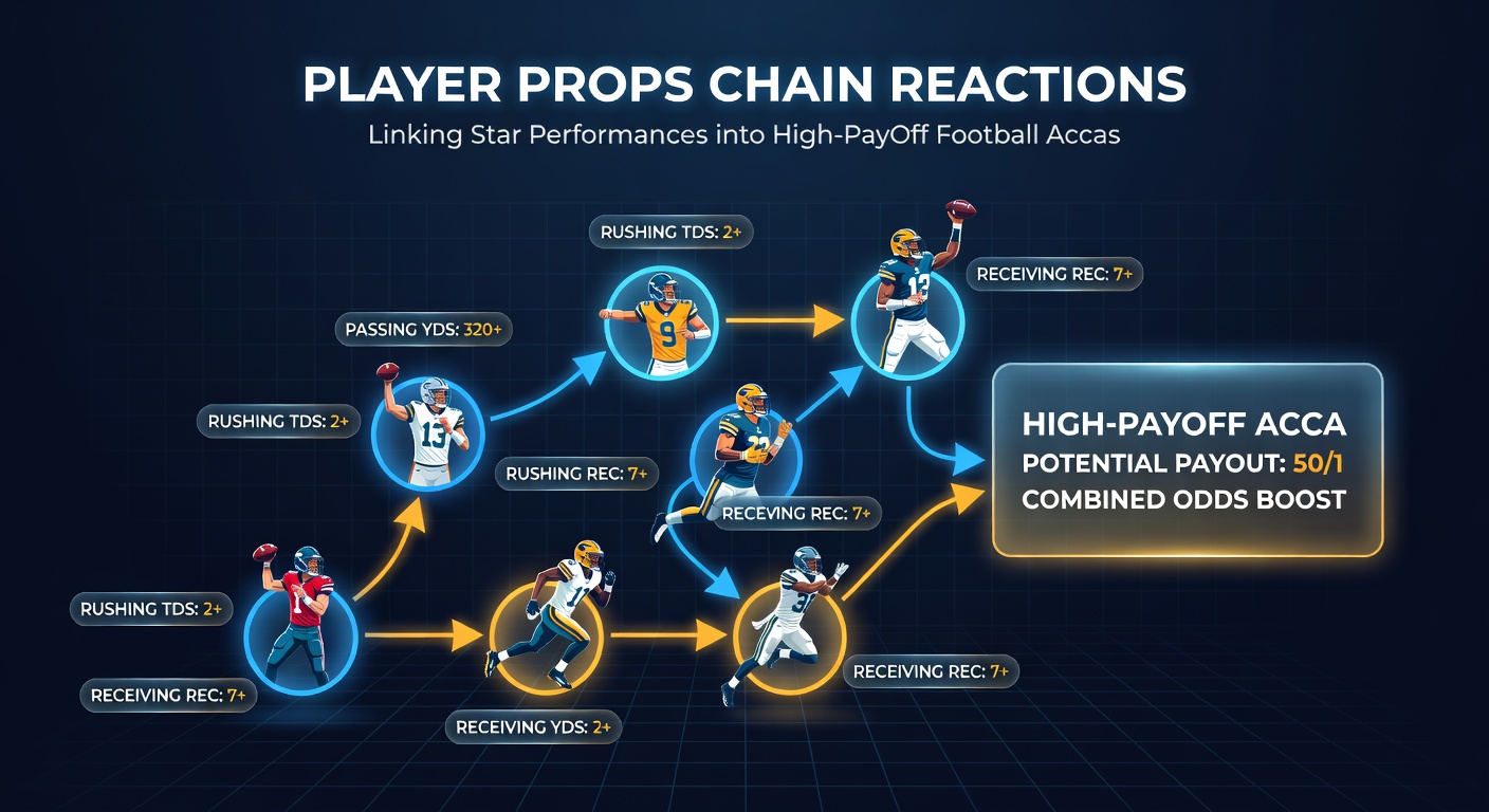 Infographic illustrating a player prop chain: striker goal leads to midfielder assist, defender tackle, and winger dribble in a dynamic football scenario