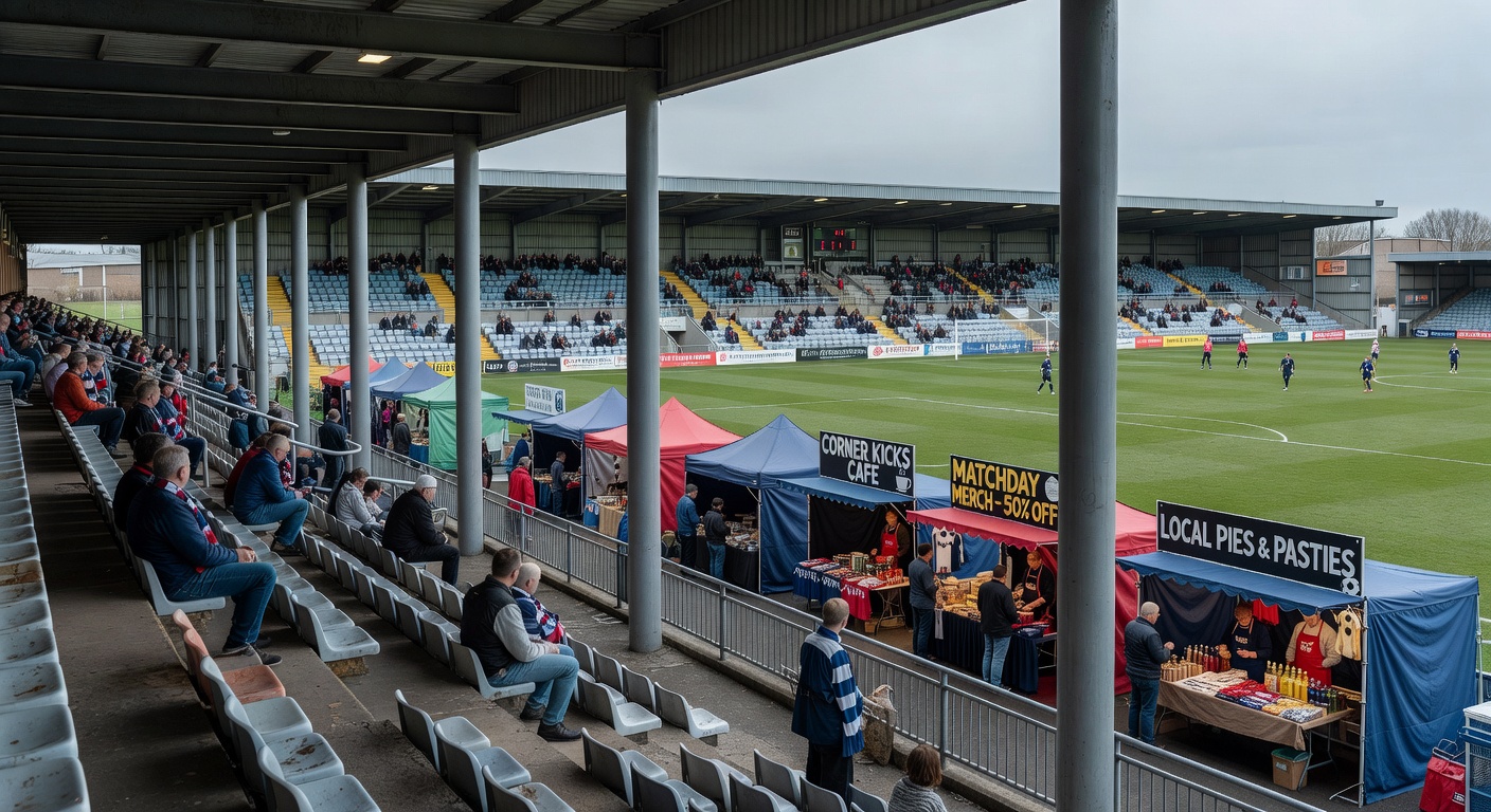 Aerial view of lower league ground highlighting sightline obstructions near corner areas