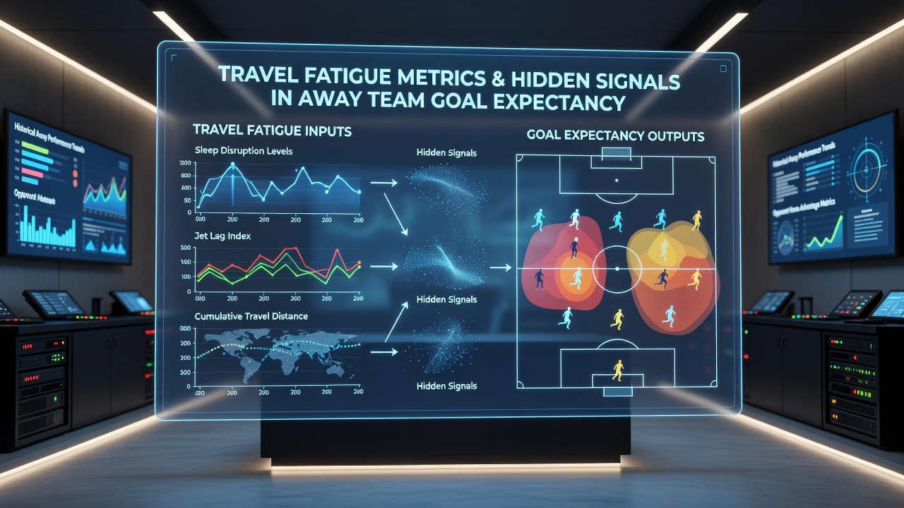 Data dashboard displaying travel fatigue metrics overlaid on goal expectancy charts for away teams