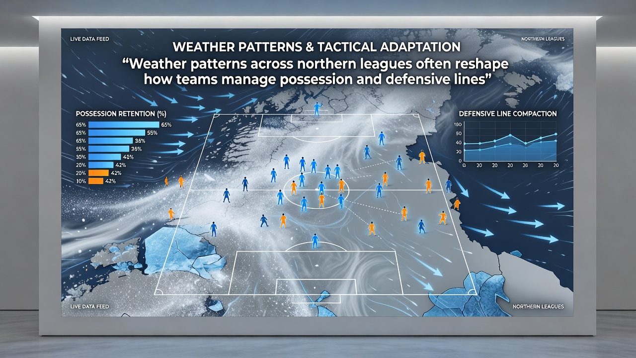 Data analysts reviewing weather-adjusted football statistics on multiple screens in an office setting